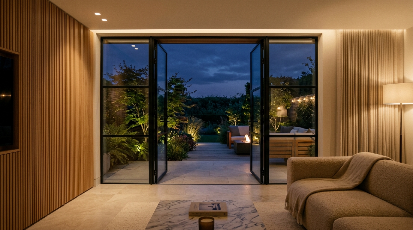 Cinematic camera glide moving smoothly from modern fluted oak living room through black crittall doors out onto illuminated garden terrace