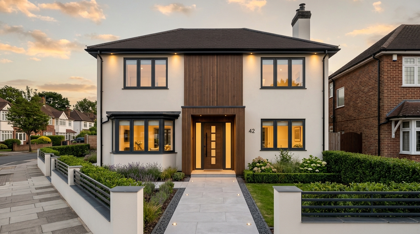 Renovated contemporary British residential home with off-white silicone render, dark vertical timber cladding, and anthracite slimline windows