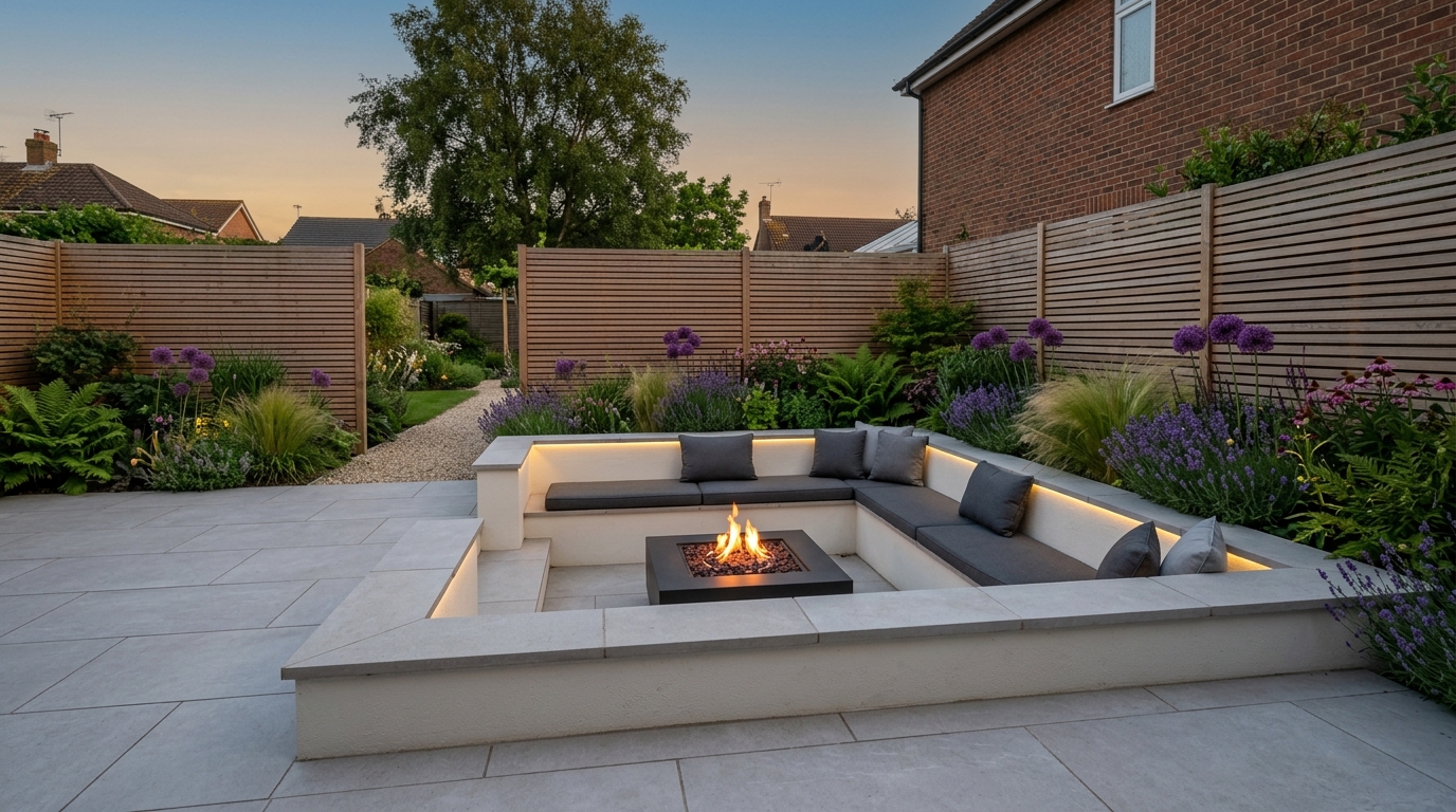 Contemporary landscaped British garden with light grey vitrified porcelain paving, sunken rendered seating, fire pit, and cedar slatted fencing