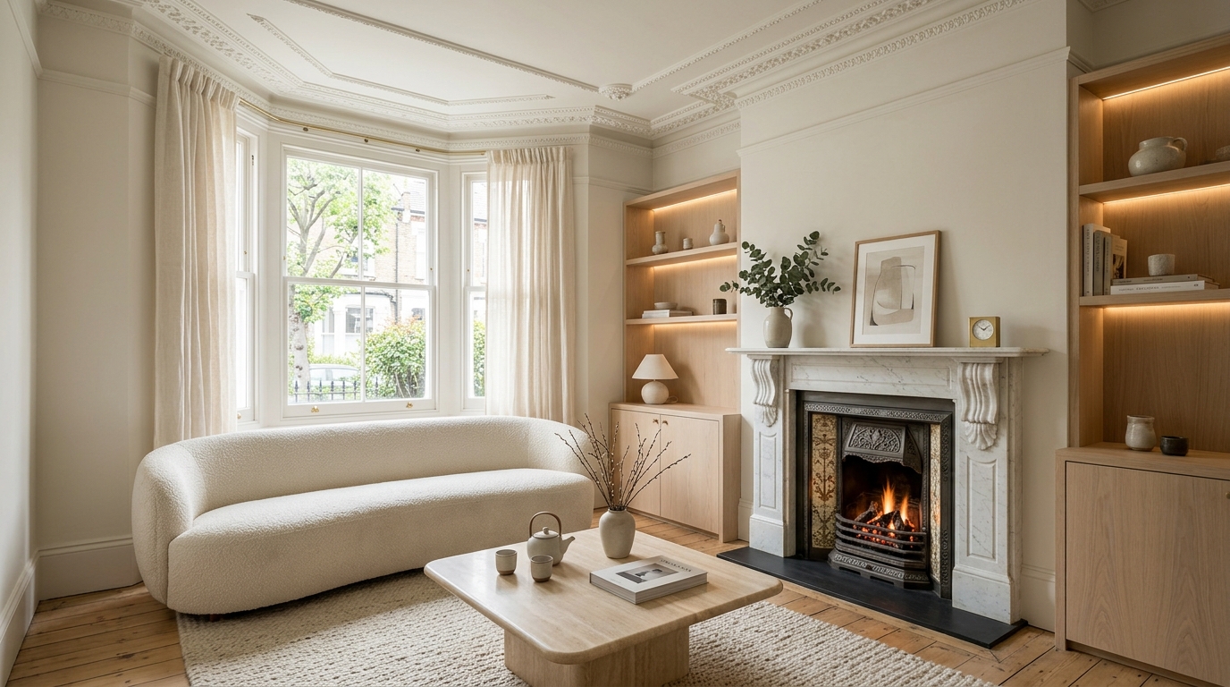 Restored Victorian terraced living room with original marble fireplace, pale oak alcove joinery, and curved cream bouclé sofa