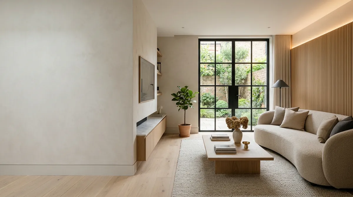 Contemporary British townhouse living room: unrenovated bare space vs fluted oak redesign - After