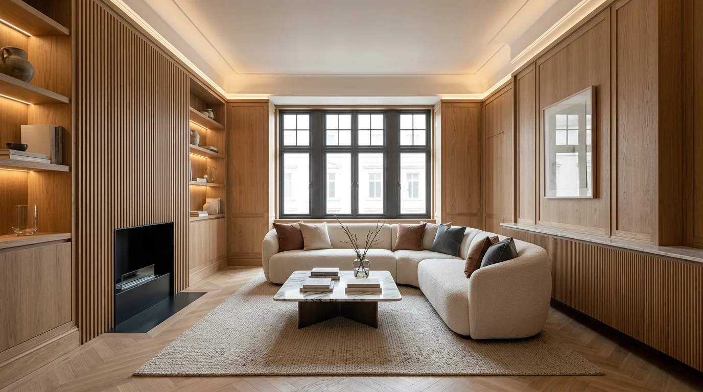 Photorealistic client room transformation: raw architectural strip-out vs polished luxury contemporary interior concept - After