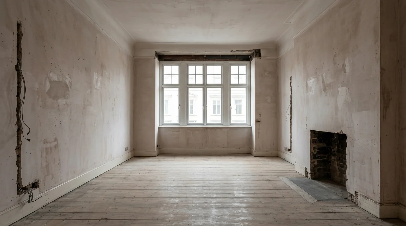 Photorealistic client room transformation: raw architectural strip-out vs polished luxury contemporary interior concept - Before