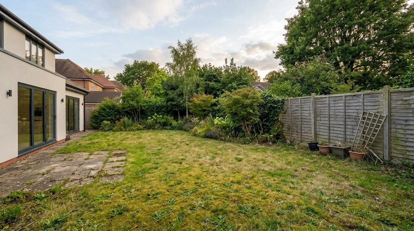 Contemporary UK landscape sanctuary: unkempt lawn vs grey porcelain patio, cedar pergola, and gas fire table - Before