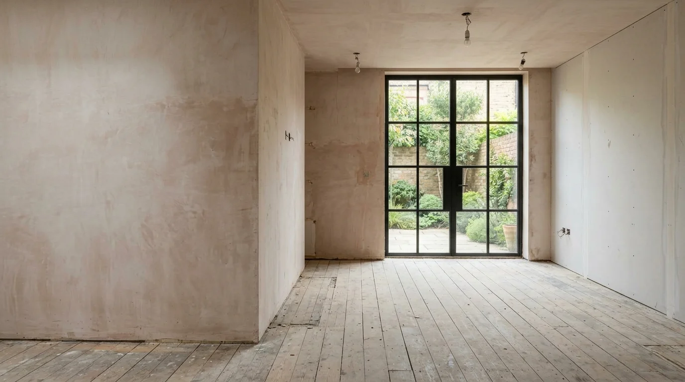 Contemporary British townhouse living room: unrenovated bare space vs fluted oak redesign - Before