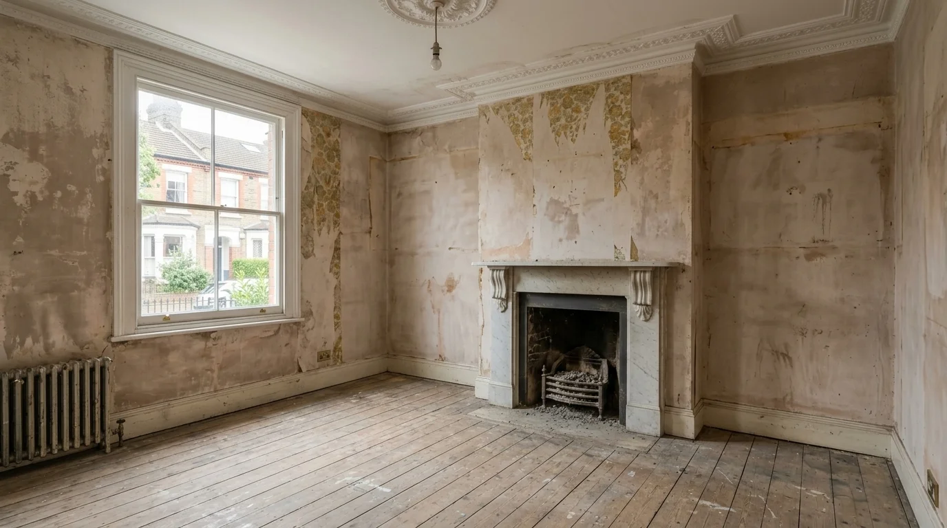 Photorealistic Victorian terrace living room redesign: unrenovated space vs restored marble fireplace and warm oak joinery - Before