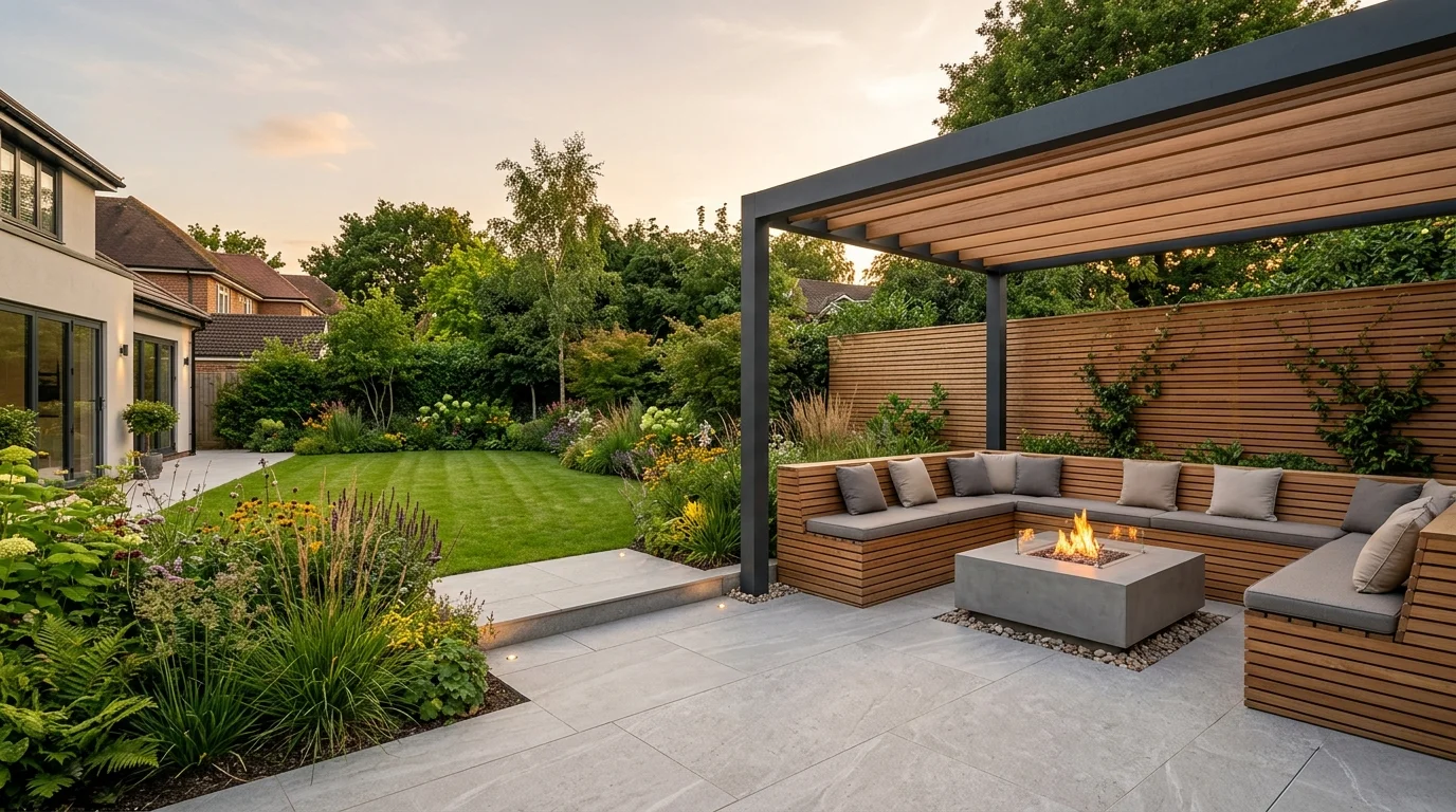 Contemporary UK landscape sanctuary: unkempt lawn vs grey porcelain patio, cedar pergola, and gas fire table - After