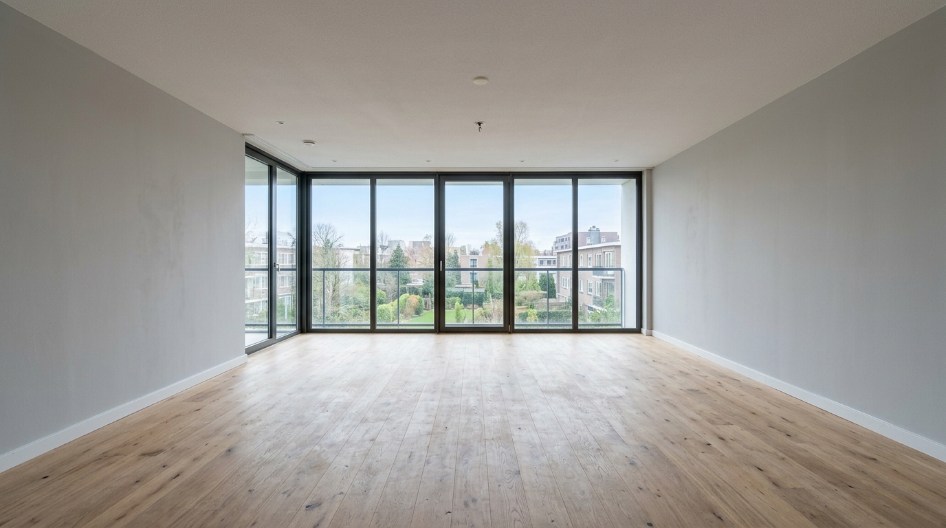 Original undecorated living room with neutral walls and bare timber floorboards awaiting architectural styling